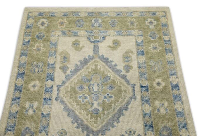 early 21st century green and blue geometric design handwoven wool turkish oushak runner 211 x 125 8916