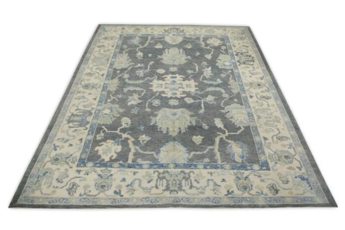 early 21st century handmade gray and blue turkish oushak rug 84 x 101 0042