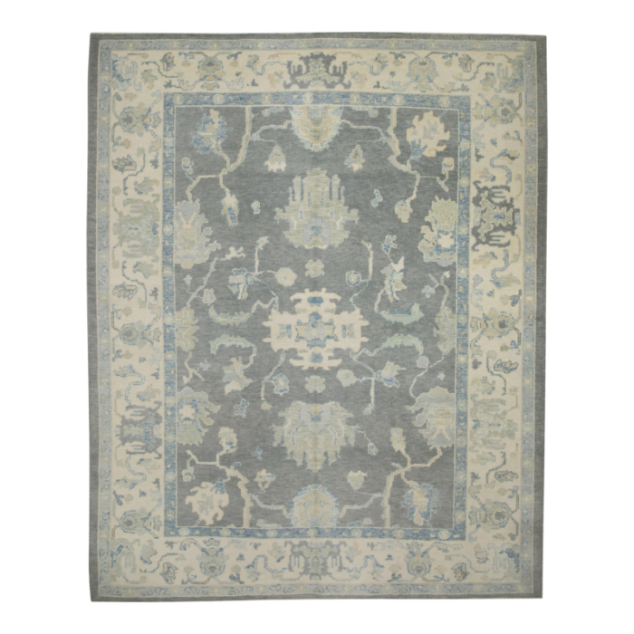 early 21st century handmade gray and blue turkish oushak rug 84 x 101 1373