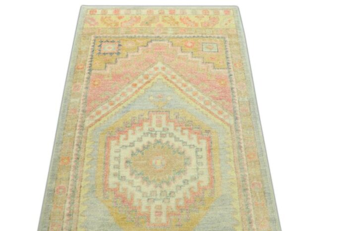 early 21st century handmade turkish oushak runner pink and blue 31 x 101 8840