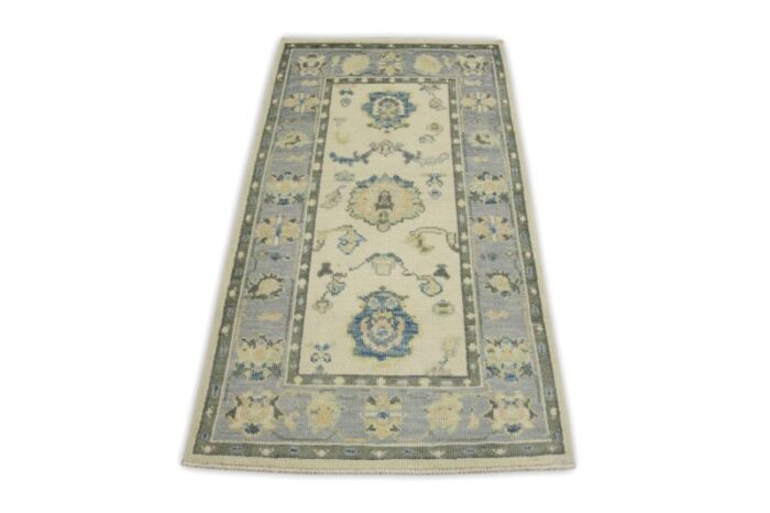 early 21st century handwoven wool turkish oushak rug 210 x 51 blue and green floral design oriental rug 7937