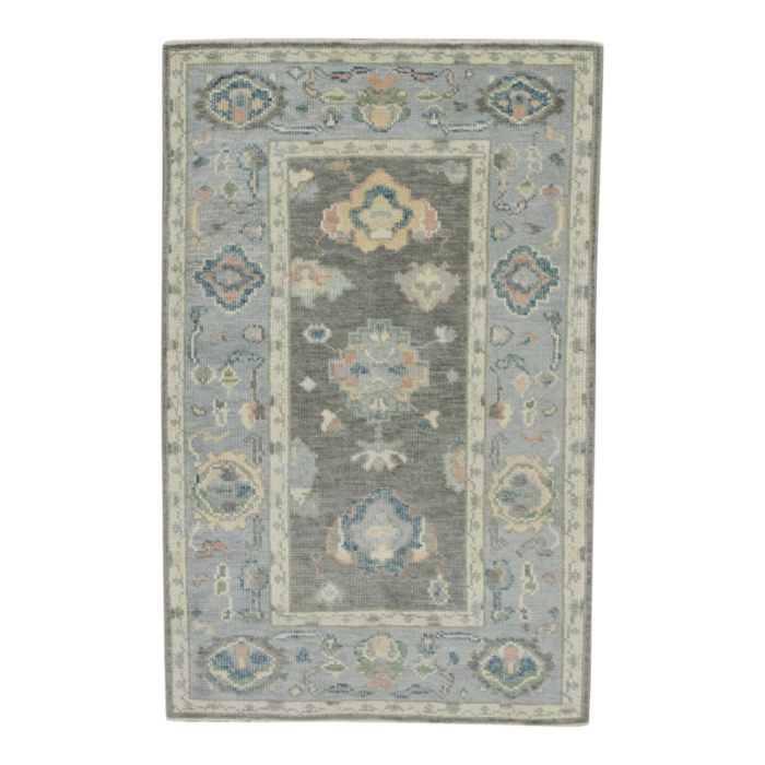 early 21st century handwoven wool turkish oushak rug 3 x 49 gray and blue floral oriental rug 3159