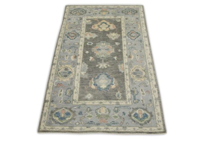 early 21st century handwoven wool turkish oushak rug 3 x 49 gray and blue floral oriental rug 8223