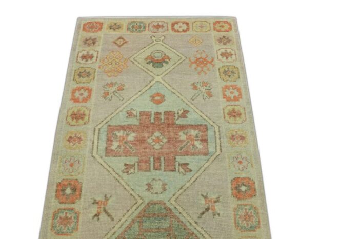 early 21st century pink and blue handwoven turkish oushak runner rug 3 x 10 1494