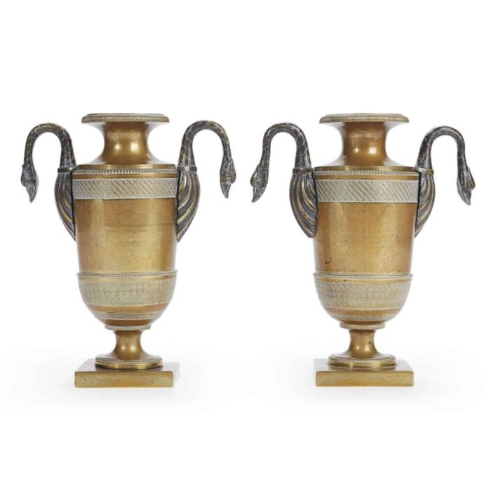 empire bronze vases with swan handles set of 2 6077