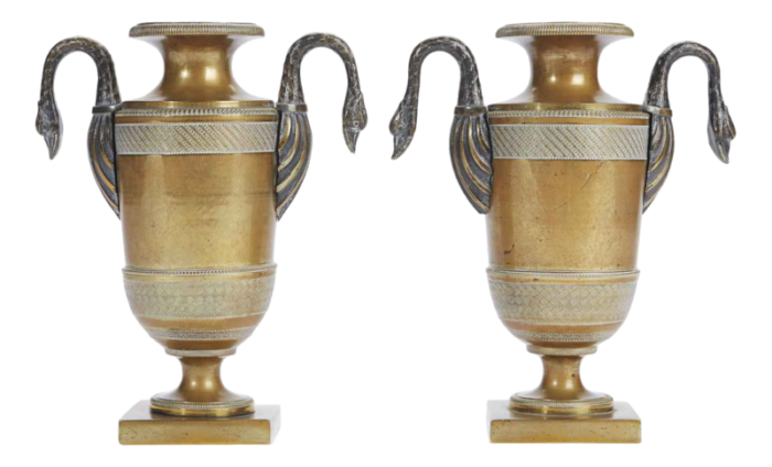 empire bronze vases with swan handles set of 2 7806