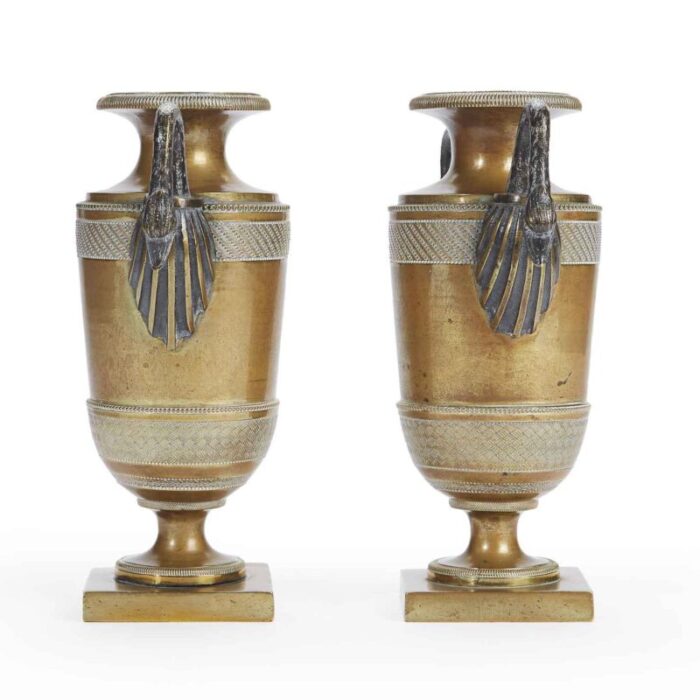 empire bronze vases with swan handles set of 2 9842