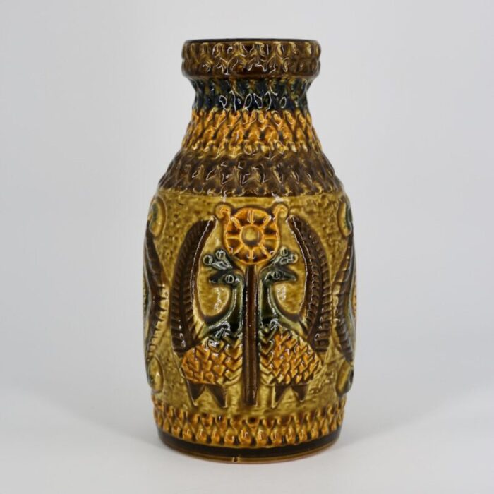 enamelled sandstone vase with bird patterns from bay keramik 1970s 1