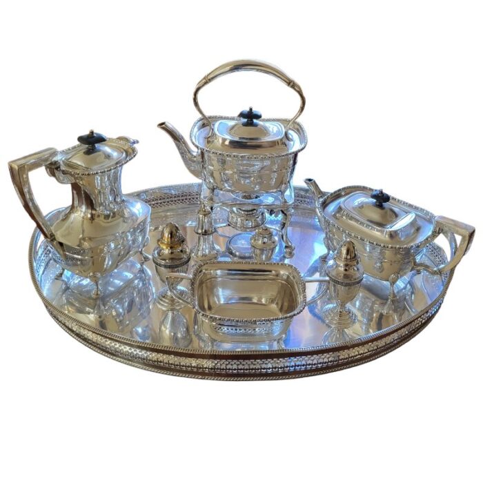 english silver coffee game and silver tray set of 9 1