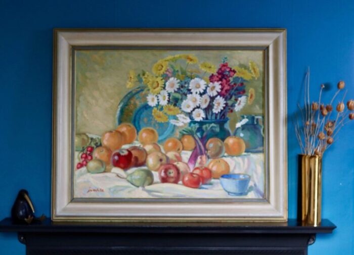 eric jemhte large still life with flower and fruits 20th century oil on cardboard framed 1021