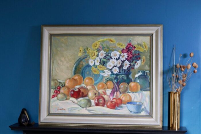 eric jemhte large still life with flower and fruits 20th century oil on cardboard framed 6160