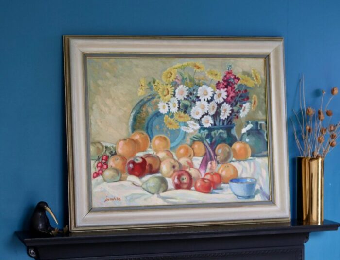 eric jemhte large still life with flower and fruits 20th century oil on cardboard framed 8440