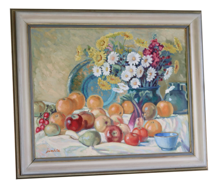 eric jemhte large still life with flower and fruits 20th century oil on cardboard framed 8946