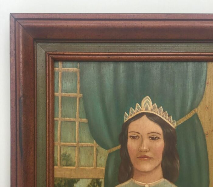 folk art portrait of a lady with book oil painting on wood mid 20th century framed 5526