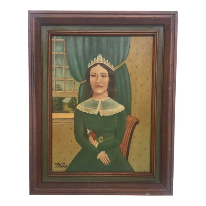 folk art portrait of a lady with book oil painting on wood mid 20th century framed 6231