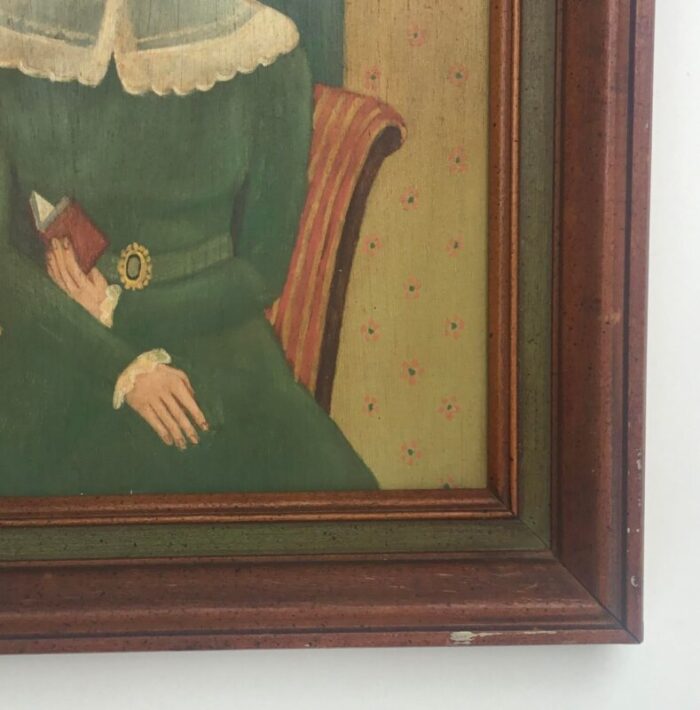 folk art portrait of a lady with book oil painting on wood mid 20th century framed 6406