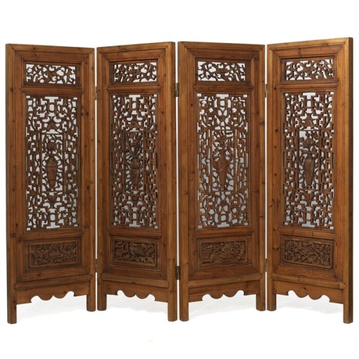 four panel screen with flower vase carvings 1