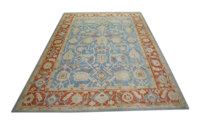 handmade modern turkish blue and red fine woven oushak rug 10 x 141 3939