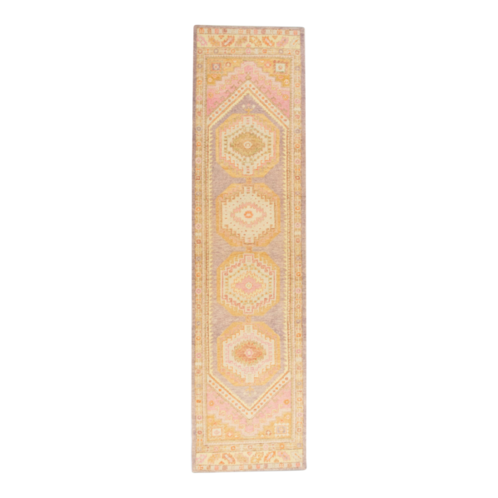 handmade modern turkish oushak soft pink and beige runner rug 3 x 119 1862