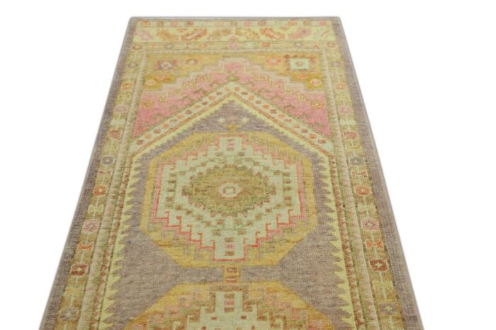 handmade modern turkish oushak soft pink and beige runner rug 3 x 119 6179