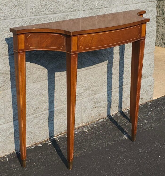 hepplewhite style mahogany and satinwood console table with brass capped legs 3525