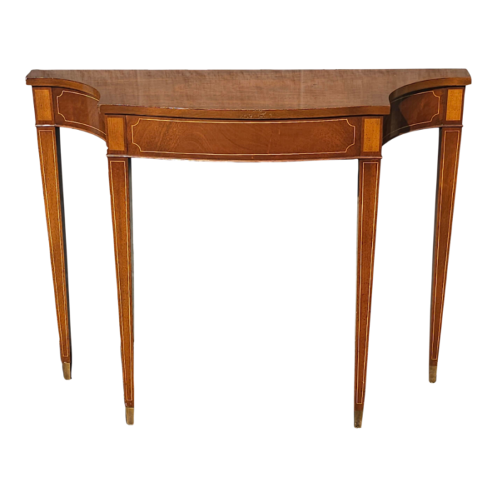 hepplewhite style mahogany and satinwood console table with brass capped legs 8453