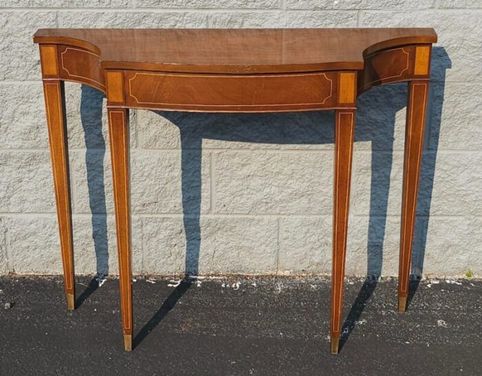 hepplewhite style mahogany and satinwood console table with brass capped legs 9056