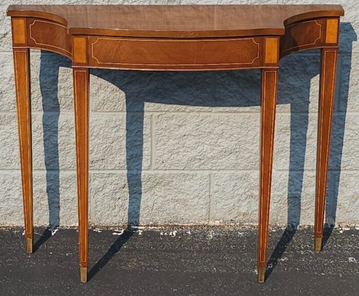 hepplewhite style mahogany and satinwood console table with brass capped legs 9495