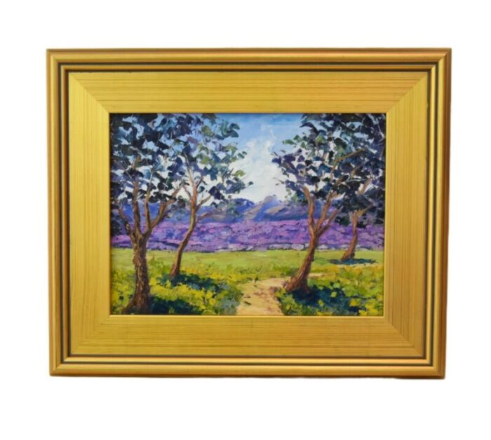 impressionist lavender floral landscape oil painting including the antiqued gold wood frame 1443