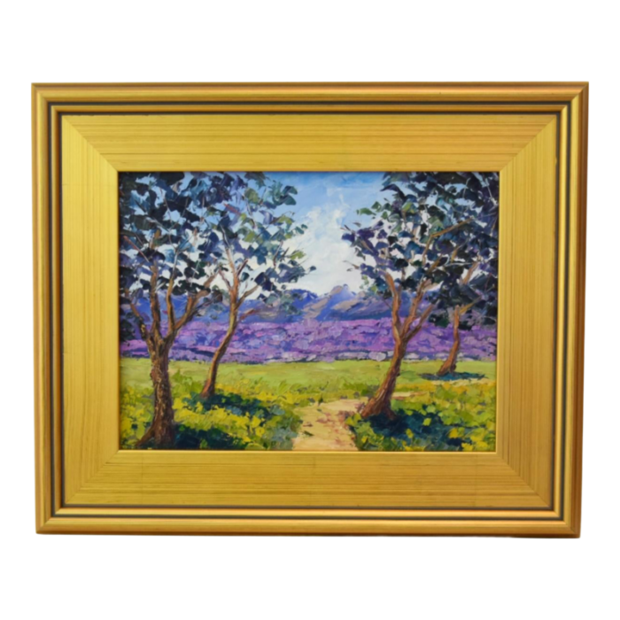 impressionist lavender floral landscape oil painting including the antiqued gold wood frame 1692