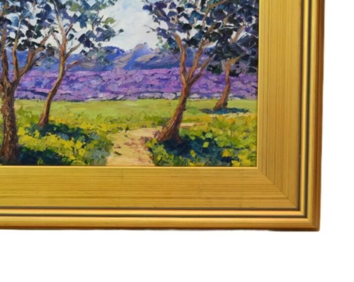 impressionist lavender floral landscape oil painting including the antiqued gold wood frame 9236