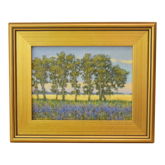 impressionist trees and floral landscape oil painting including the antiqued gold wood frame 3858