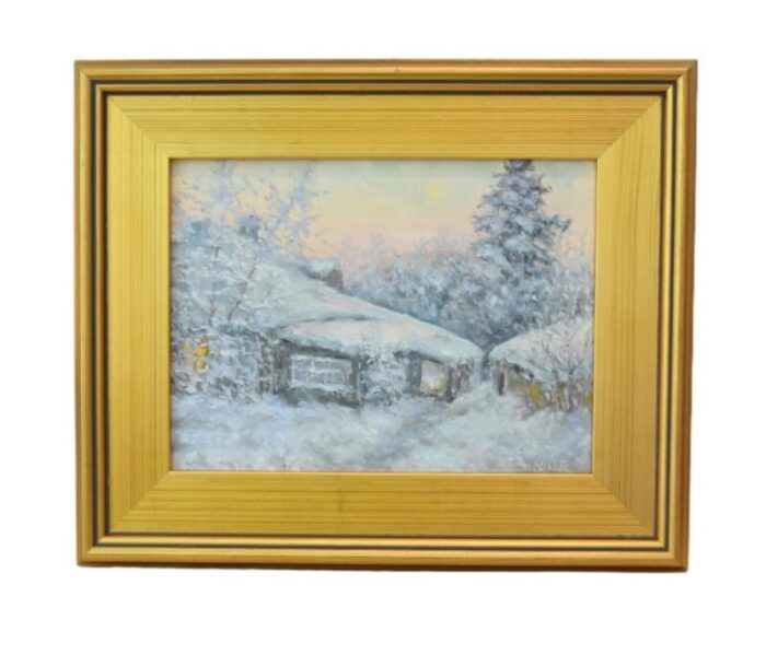 impressionist winter landscape cottage oil painting including the antiqued gold wood frame 0754