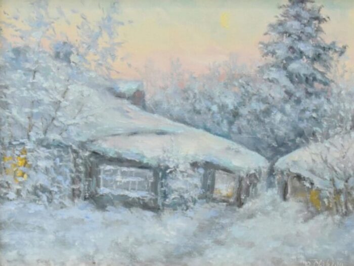 impressionist winter landscape cottage oil painting including the antiqued gold wood frame 4262