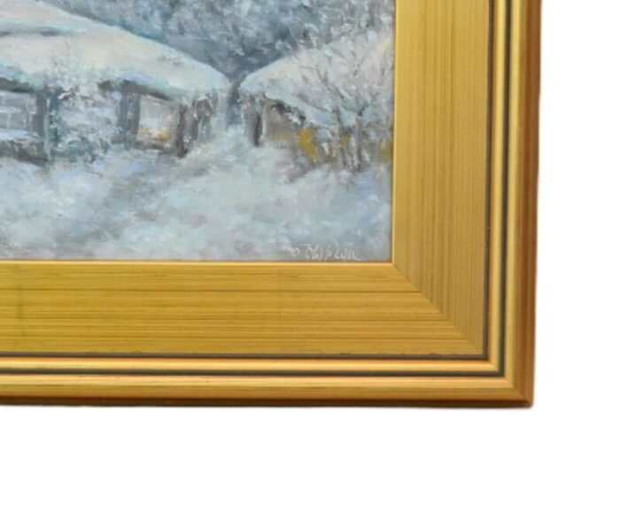 impressionist winter landscape cottage oil painting including the antiqued gold wood frame 6931