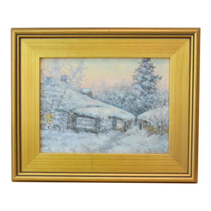 impressionist winter landscape cottage oil painting including the antiqued gold wood frame 9252