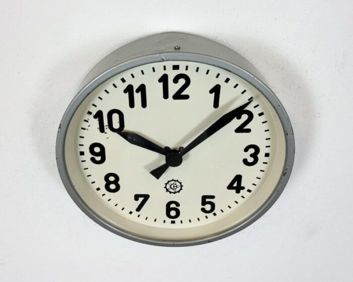 industrial grey factory wall clock from chronotechna 1950s 4