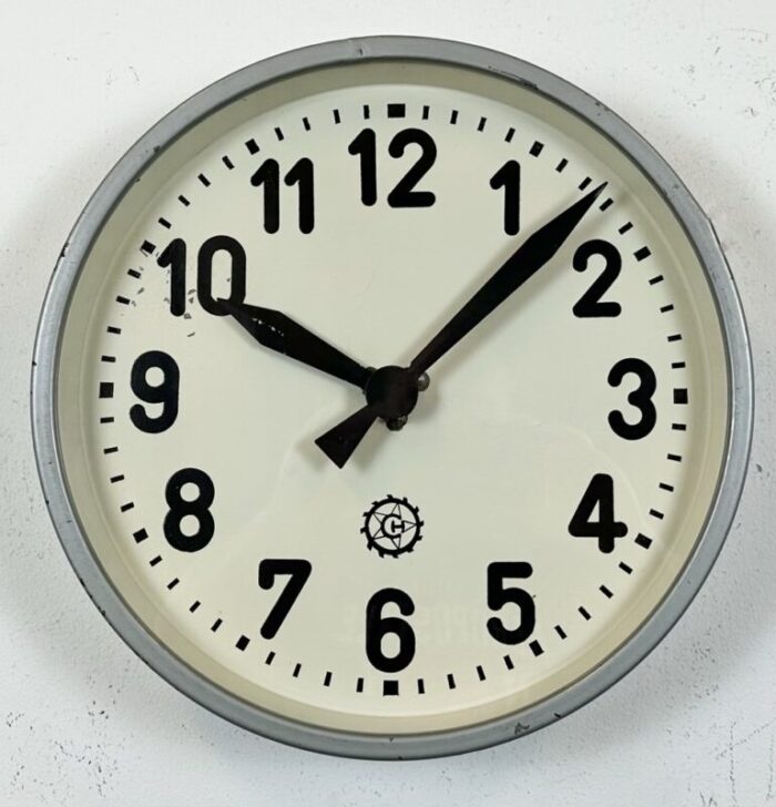 industrial grey factory wall clock from chronotechna 1950s 7