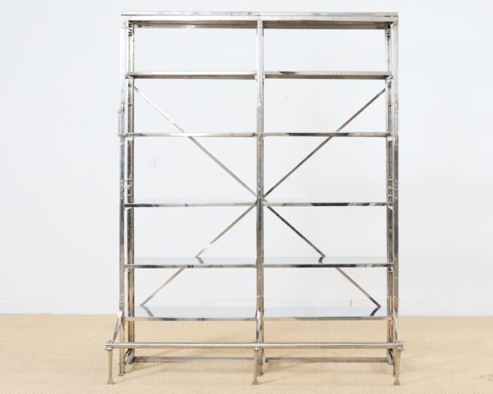 industrial style polished steel library etagere bookcase with step 9839