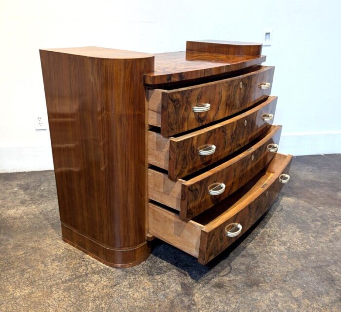 italian art deco chest of drawers with bookmarked walnut burl finish and bakelite pulls 0167