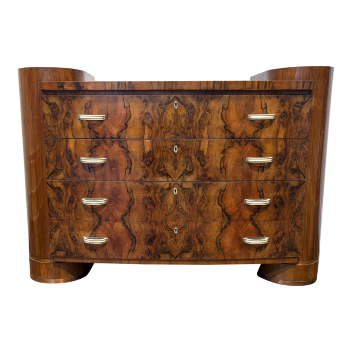 italian art deco chest of drawers with bookmarked walnut burl finish and bakelite pulls 5932