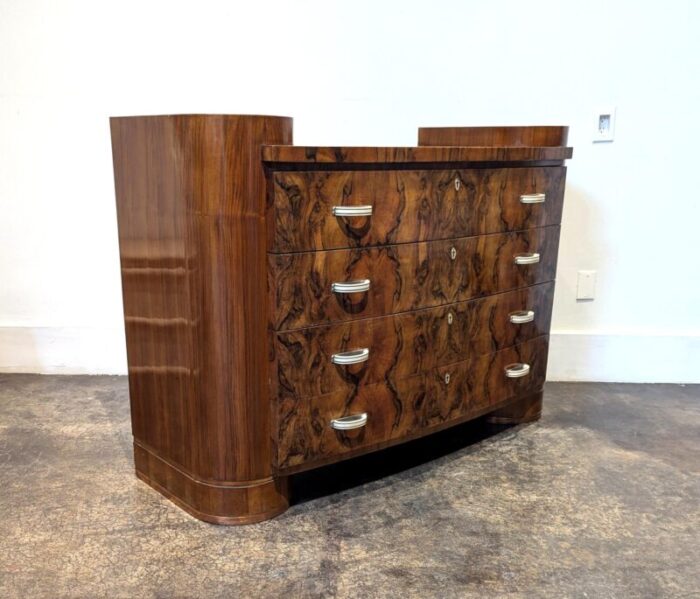 italian art deco chest of drawers with bookmarked walnut burl finish and bakelite pulls 6525