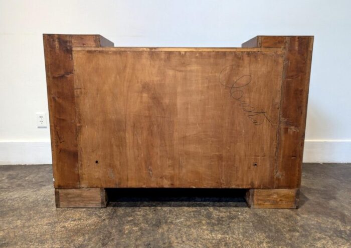 italian art deco chest of drawers with bookmarked walnut burl finish and bakelite pulls 7343