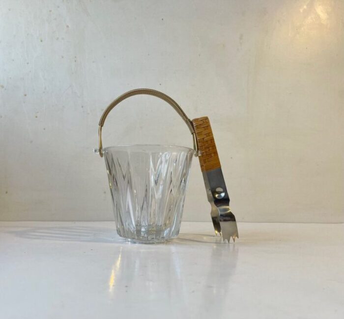 italian modern etched crystal ice bucket with rattan tong 1960s set of 2 1