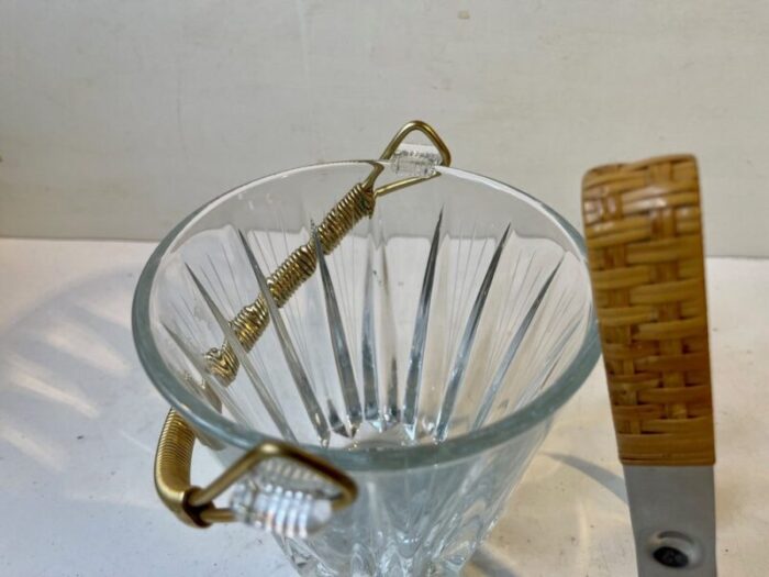 italian modern etched crystal ice bucket with rattan tong 1960s set of 2 5