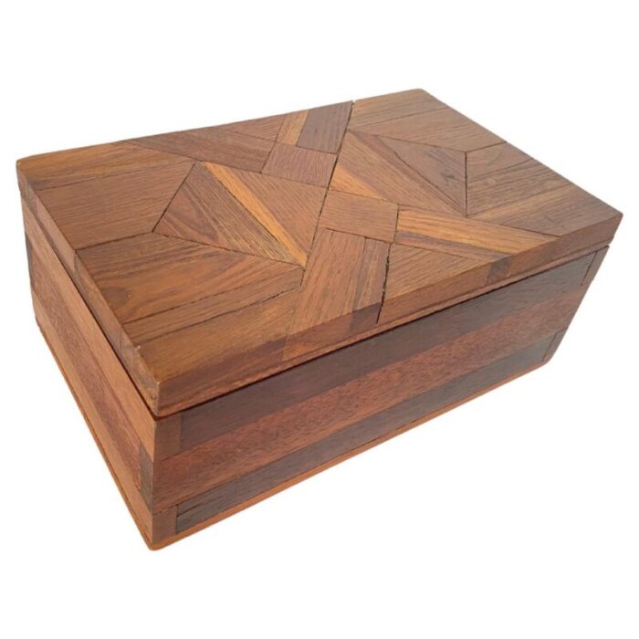 jewelry box in wood with geometrical inlays france 1970s 2