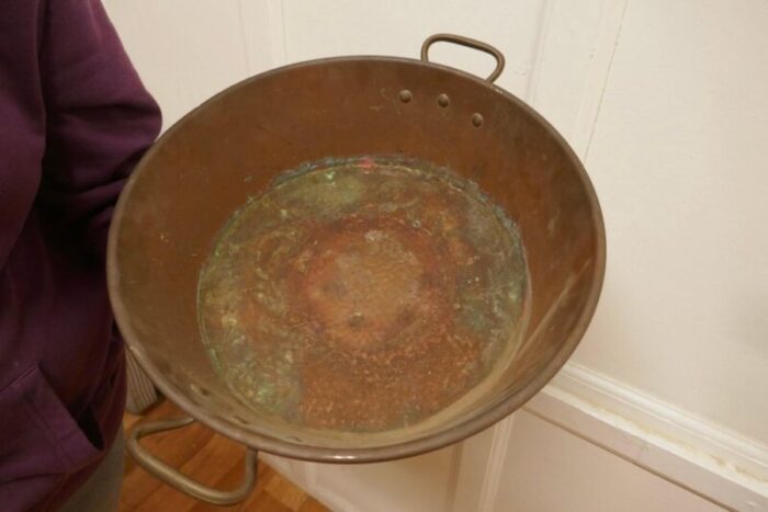 large 19th century double handled beaten copper pan 1880s 4