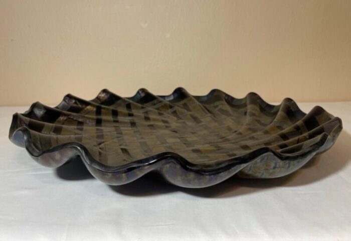 large art glass wave form centerpiece bowl metallic silver gold black iridescent dichroic glass 0727