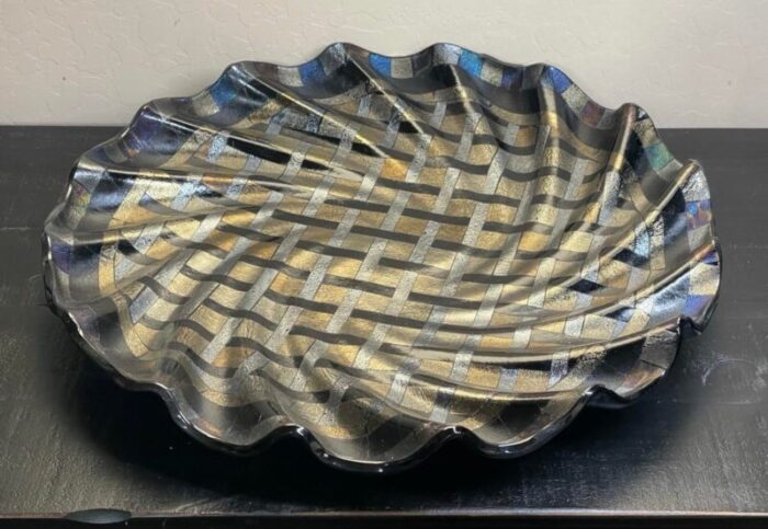 large art glass wave form centerpiece bowl metallic silver gold black iridescent dichroic glass 3173