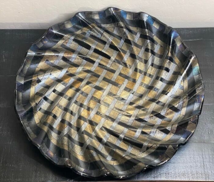 large art glass wave form centerpiece bowl metallic silver gold black iridescent dichroic glass 3712